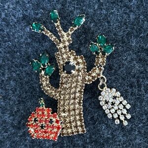 Gold and Green Tree Brooch with Crystal Accents